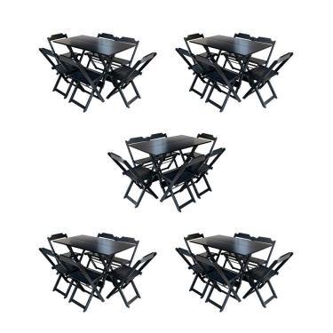 Imagem de Kit 5 Conjuntos De Mesa Dobravel Com 6 Cadeiras De Madeira 120X70 Para Restaurante E Bar - Preto
