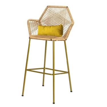 Imagem de Banqueta Alta Sttar Ferro Dourado Fibra Palha Almofada Sintético Amarelo