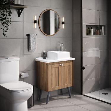 Imagem de Conjunto De Banheiro Com Pé Paris, Espelheira, Tampo E Cuba Em Mármore Sintético Nogal Sevilha