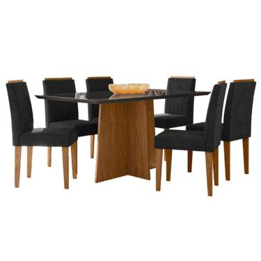 Imagem de Mesa De Jantar Ambiente Anitta 160x90 Cm Com Vidro Ype Preto E 6 Cadeiras Ana Ype Veludo Preto - New Ceval