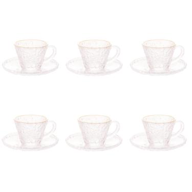 Imagem de Conjunto De Xícara De Cafezinho Com Pires 06 Peças De Cristal Martelado Com Fio De Ouro...