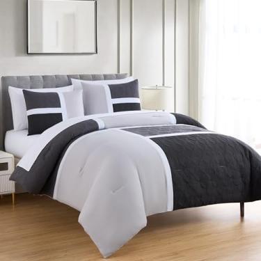Imagem de Chezmoi Collection Bernard Conjunto de edredom com 7 peças California King Bed in a Bag – Conjunto de edredom leve preto e cinza claro com medalhão acolchoado para todas as estações