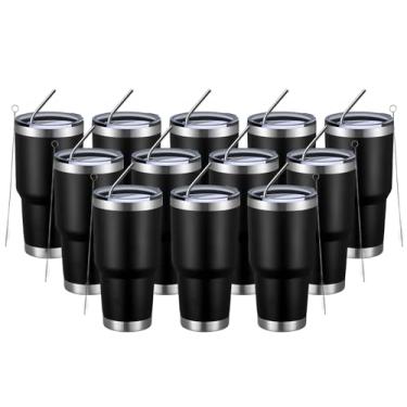 Imagem de MEWAY Copo isolado de 850 g com tampas e canudos, copo de café a vácuo duplo de aço inoxidável, escova, copo de café durável revestido em pó para bebidas frias e quentes, escritório, viagem (preto,