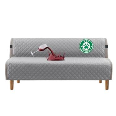 Imagem de Capa de futon 100% à prova d'água Turquoize, lavável, sem braços, para sofá-cama, com largura de até 178 cm, com alça elástica ajustável, antiderrapante para cães, cinza