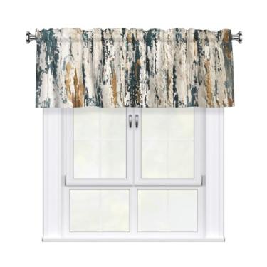 Imagem de Cortina de janela pequena com listras douradas azul-petróleo com estampa abstrata para banheiro, sala de estar, café, lavanderia, porão, 137 x 45 cm, 1 peça