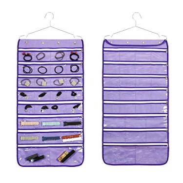 Imagem de ANIZER Organizador de joias para pendurar dupla face com gancho para armário, colar, brincos, pulseira, anel de viagem (56 bolsos transparentes com zíper, roxo)