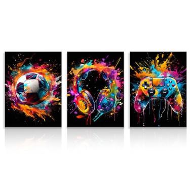 Imagem de Dazzlewall 3 peças de arte de parede de quarto de meninos graffiti colorido futebol fone de ouvido gamepad imagens para quarto adolescentes sala de jogos menino dormitório decoração de casa 30 x 40 cm