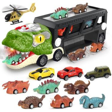 Imagem de Caminhão transportador de dinossauros com 10 minicarros para crianças 
