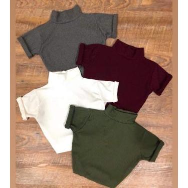 Imagem de Cropped feminino malha canelada gola alta manga curta básico - Moda fi