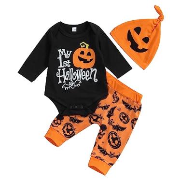 Imagem de Lucikamy Macacão de manga comprida com estampa de abóbora para meninos recém-nascidos + calça chapéu infantil conjunto de roupas de Halloween, Calça preta + laranja, 3-6 Meses