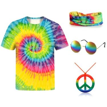 Imagem de kooirsp Conjunto de acessórios para fantasia hippie dos anos 70 para crianças, meninos, 4 peças, camiseta tie dye divertida para festa de cosplay de Halloween, Azul, amarelo, 11-12 Anos