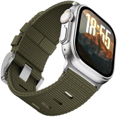 Imagem de Pulseiras de nylon táticas resistentes compatíveis com Apple Watch Ultra 2/1 de 49 mm para iWatch 10 de 46 mm, 9 8 7 de 45 mm, SE 6, 5, 4 e 44 mm, verde militar/preto