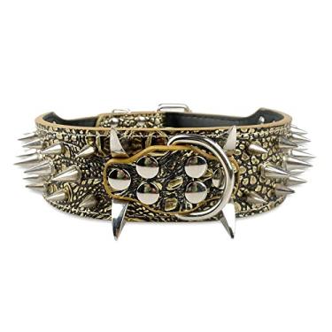 Imagem de Pimaodog Coleira para cães com cravos afiados de 5 cm de largura Coleira para cães médios e grandes Pitbull Labrador Boxer Rottweiler Pastor Alemão (P: 38-45 cm, marrom dourado)