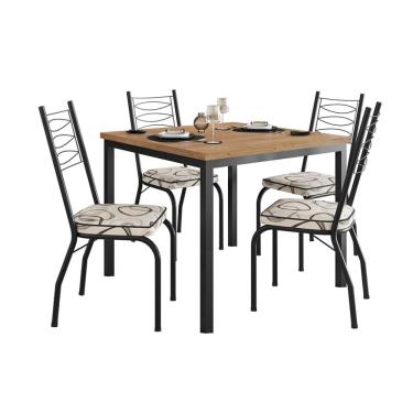Imagem de Conjunto de Mesa Quadrada com Tampo MDP e 4 Cadeiras Adriana Revestimento Sintético Bege Estampado e Preto