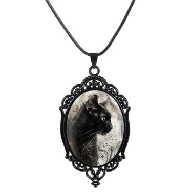 Imagem de JHJEWH Colar gótico camafeu de gato preto, gótico vintage, pingente de gato preto, joia gótica vitoriana, acessórios de fantasia de bruxa de Halloween para mulheres, presentes de joias de Halloween