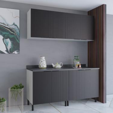 Imagem de Cozinha Compacta Bartira Rubi com 8 Portas, Balcão Duplo Freixo/Preto Poah - 160cm largura