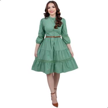 Imagem de Vestido Feminino Mídi Soltinho Godê com Mangas Botões Funcionais Front