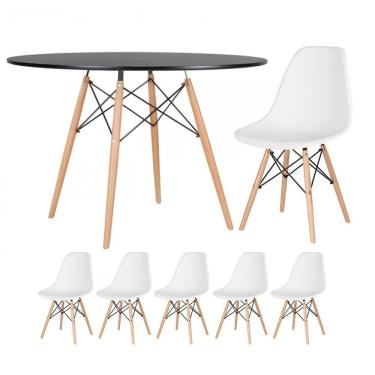 Imagem de Mesa Redonda Eames 120cm Preto + 5 Cadeiras Branco