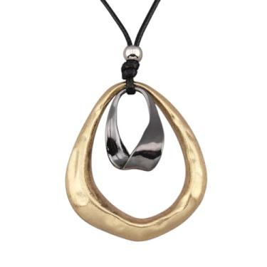 Imagem de AZORA Colar com pingente de vários anéis de cor bronze feito à mão, estilo boho, longo, de couro, para mulheres, Couro sintético, Sem Pedra Preciosa