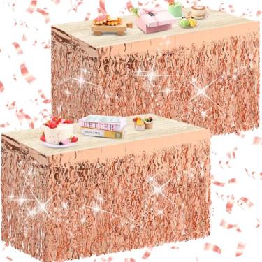 Imagem de Oudain Pacote com 2 saias de mesa com franja de ouro rosa para decoração de festa de chá de bebê