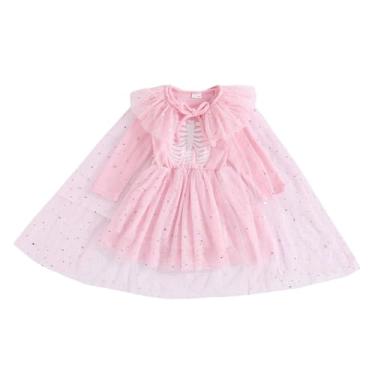 Imagem de Yccutest Conjunto de vestido tutu de veludo de Halloween infantil + capa de tule para meninas, 2 peças, fantasia de abóbora com estampa de esqueleto (rosa, 4 a 5 anos)