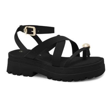 Imagem de Sandália Feminina Ramarim Salto Tratorado Detalhe Dourado, Plus, Preto