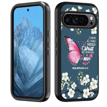 Imagem de FVAENDHIO Capa para Google Pixel 10/10 Pro e Google Pixel 9/9 Pro, resistente 3 em 1, híbrida, à prova de choque, capa protetora completa, borboleta floral, versículo bíblico Filipenses 4:13