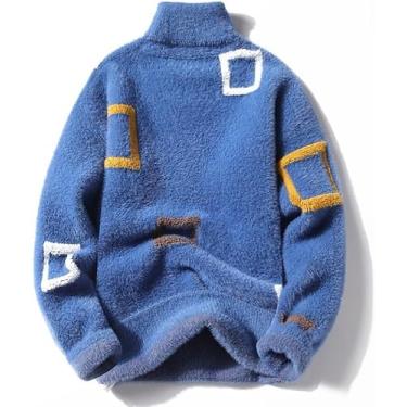Imagem de Suéter De Gola Alta Para Homens - Suéter Quente Para Homens Suéter De Pelúcia Manga Longa Pulôveres Suéter De Malha Fleece Peludo Casual Padrão De Chevron Colorido, Blue, 3XL