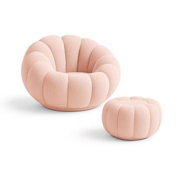 Imagem de Kit Poltrona Decorativa Concha C/Almofada e Puff Boucle Rosê Abobora - Montanaris Decor