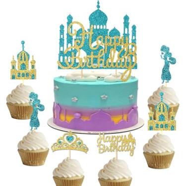 Imagem de Wootkey 26Pcs Blue Castle Cake Topper Princess Birthday Cake Topper Arabian Princess Crown Cupcake Toppers for Happy Birthday Birthday Cake Decor Fairy Tale Party