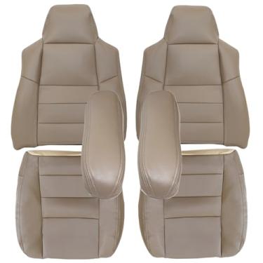 Imagem de NLQR Capas de assento de substituição para parte inferior e superior do lado do motorista e do passageiro e 2 peças de capas de apoio de braço couro de microfibra caramelo compatível com Ford F250