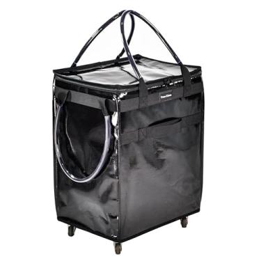 Imagem de Sacola reutilizável de supermercado com rodas grande capacidade carrinho de compras dobrável com alça resistente para viagens (preta, grande)