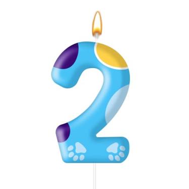 Imagem de Velas de aniversário de pata de cachorro azul topo de bolo numerais velas de aniversário para decoração de pata de cachorro número 2