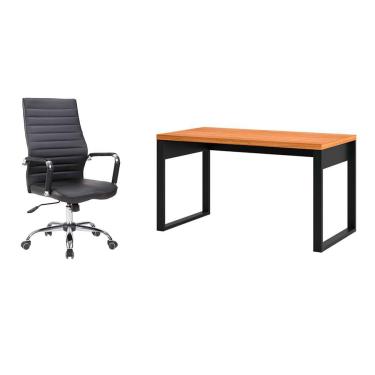 Imagem de Conjunto de Mesa Anah Freijó com Cadeira de Escritório Diretor Giratória Cleaner Preta