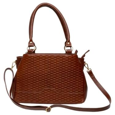 Imagem de Bolsa de Couro Legítimo Feminina Marrom, 3 Compartimentos, Alça Transversal, Design Trançado, Fecho com Zíper