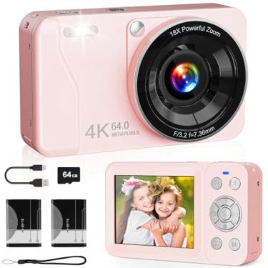 Imagem de Câmera digital, câmera digital 4K 64MP, zoom 18x, aponte e atire com cartão TF de 64 GB e 2 baterias, câmera pequena portátil recarregável para crianças, adolescentes e adultos, rosa