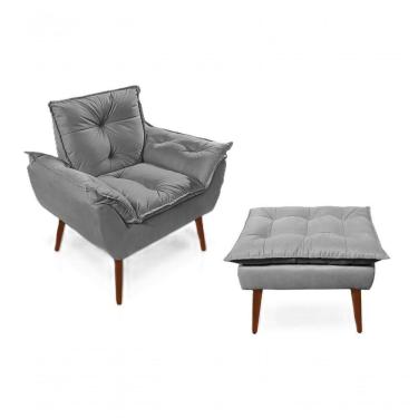 Imagem de Poltronas para Amamentação com 1 Puff Decorativas Confortáveis para Sala, Quarto, Recepção - Suede Luxo Cinza Claro