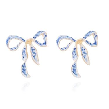 Imagem de Brincos de laço para mulheres, lindos brincos de fita esmaltada de porcelana azul e branca com estampa de leopardo, joias delicadas, presente exclusivo, one size, Metal, Sem pedra preciosa