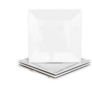 Imagem de Pratos de melamina brancos quadrados, conjunto de louça elegante e inquebrável (4 pratos de aperitivo de 20 cm com saltos)