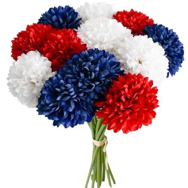 Imagem de Mandy's Bola artificial vermelha, branca, azul, crisântemo, 12 hastes, flores falsas com hastes dobráveis para decoração de outono e decoração de casa