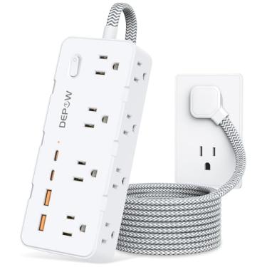 Imagem de DEPOW Protetor contra surtos de linha elétrica, cabo de extensão trançado de 1,8 m com várias tomadas - 8 tomadas CA, 4 portas USB (2 USB C), estação de carregamento com plugue bandeira, proteção
