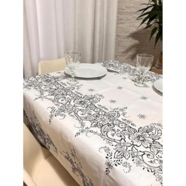 Imagem de Toalha de Mesa Tecido Linhão Rústico de 4 E 6 Lugares. Durabilidade e Lindas Estampas.(BRANCA E PRETA PÉTALAS,1,40X2,10-6 LUGARES)