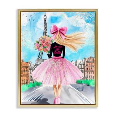 Imagem de Stupell Industries Design de arte de parede em tela flutuante com moldura dourada Parisiense Fashionista & Bouquet por Jess Stempel, 78 x 63 cm