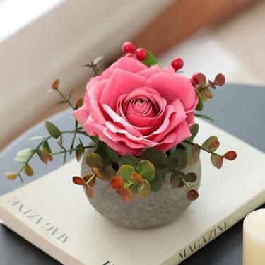 Imagem de mizii Kit de flores artificiais pequenas DIY flores falsas realistas rosa de seda e vegetação com vaso para presentes mesa centro de mesa manto prateleiras de mesa de escritório decorações de sala de