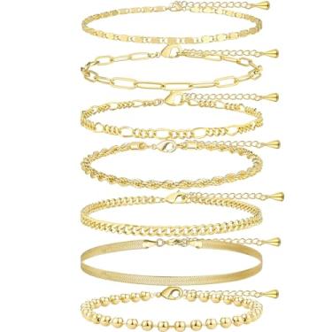 Imagem de Poxtex Tornozeleiras femininas douradas, banhadas a ouro real 14 K, tornozeleiras delicadas ajustáveis à prova d'água para mulheres modernas incluem bola de contas, clipe de papel, cubana, espinha de