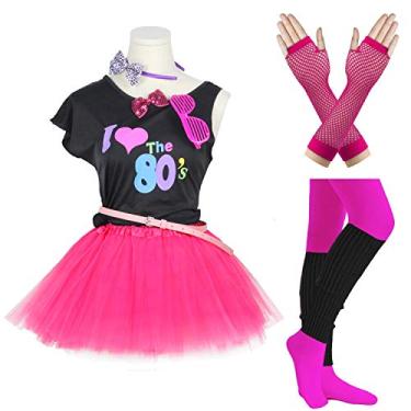 Imagem de FUNDAISY Acessórios de fantasia Gilrs anos 80 para fantasia para artigos de festa temática dos anos 80 (8 a 10 anos, rosa choque)