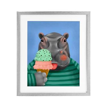 Imagem de Stupell Industries Impressão emoldurada cinza hipopótamo e cone de sorvete design sob vidro por Jilly Jack Designs, 16 x 13