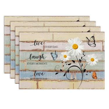 Imagem de Jogo americano de margarida branca, conjunto de 4, tábuas de madeira rústica, girassóis, floral, borboleta, sazonal, primavera, para decoração de mesa de centro para decoração de mesa de jantar em