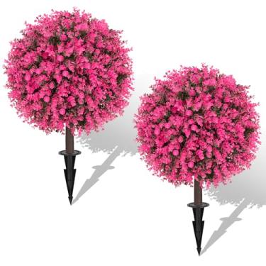 Imagem de AOKIIE Conjunto de 2 arbustos de bola de buxo rosa artificial para uso externo com ponta de 56 cm, arbustos de vegetação sintética resistentes a UV, plantas de buxo rosa e verde falsas para jardim