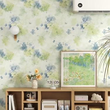 Imagem de Papel de parede de contato floral vintage azul e verde Boho 45 x 200 cm papel de parede autoadesivo removível moderno decorativo para quarto, bancadas, decoração de armário rolo de vinil